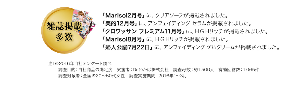 「Marisol2月号」に、クリアソープが掲載されました。「美的12月号」に、アンフェイディング セラムが掲載されました。「クロワッサン プレミアム11月号」に、H.G.Hリッチが掲載されました。「Marisol8月号」に、H.G.Hリッチが掲載されました。「婦人公論7月22日」に、アンフェイディング ゲルクリームが掲載されました。