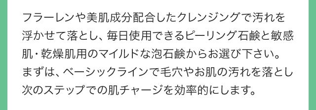 フラーレンや美肌成分配合したクレンジングで汚れを浮かせて落とし、毎日使用できるピーリング石鹸と敏感肌・乾燥肌用のマイルドな泡石鹸からお選び下さい。まずは、ベーシックラインで毛穴やお肌の汚れを落とし、次のステップでの肌チャージを効率的にします。