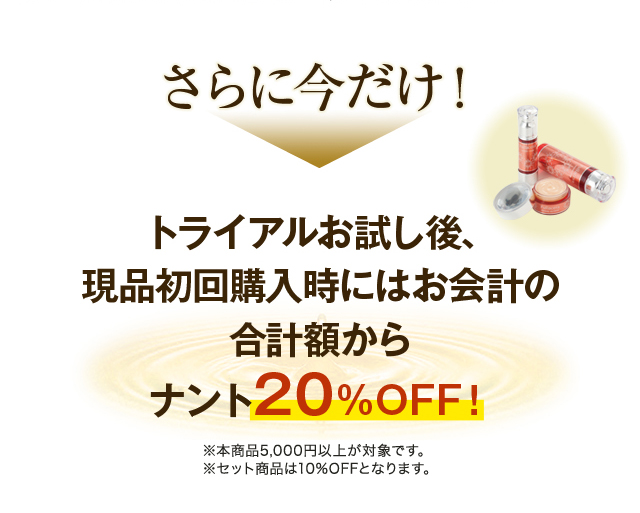 さらに今だけ！トライアルお試し後、現品初回購入時にはお会計の合計額からナント20%OFF！