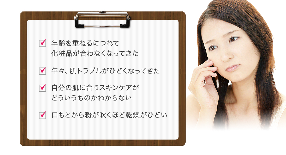 年齢を重ねるにつれて化粧品が合わなくなってきた 年々、肌トラブルがひどくなってきた 自分の肌に合うスキンケアがどういうものかわからない 口もとから粉が吹くほど乾燥がひどい