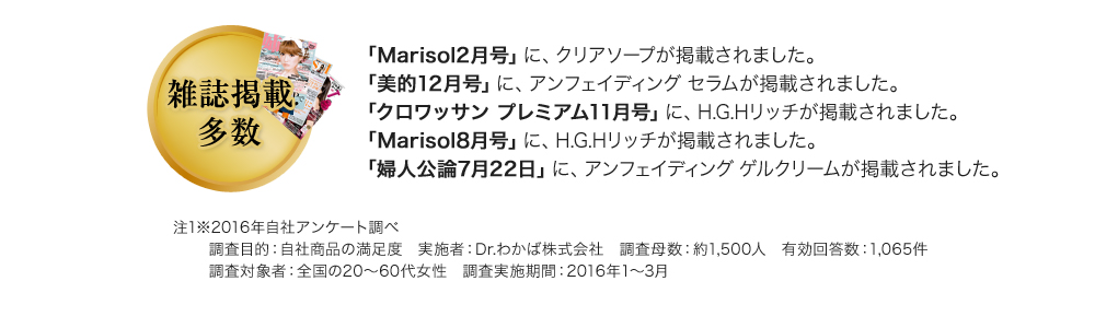 「Marisol2月号」に、クリアソープが掲載されました。「美的12月号」に、アンフェイディング セラムが掲載されました。「クロワッサン プレミアム11月号」に、H.G.Hリッチが掲載されました。「Marisol8月号」に、H.G.Hリッチが掲載されました。「婦人公論7月22日」に、アンフェイディング ゲルクリームが掲載されました。