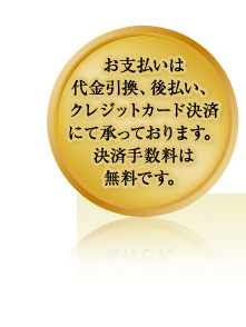 お支払いは代金引換、後払い、クレジットカード決済にて承っております。決済手数料は無料です。