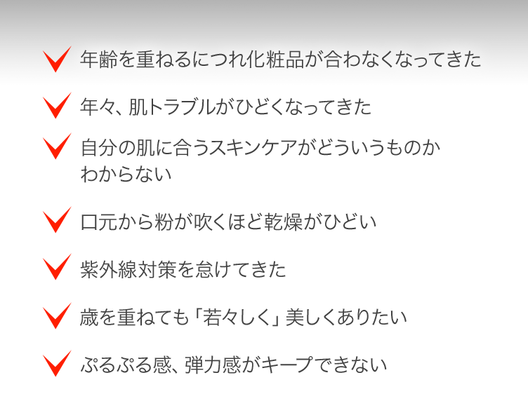 年齢を重ねるにつれ化粧品が合わなくなってきた 年々、肌トラブルがひどくなってきた 自分の肌に合うスキンケアがどういうものかわからない 口元から粉が吹くほど乾燥がひどい 紫外線対策を怠けてきた 歳を重ねても「若々しく」美しくありたい ぷるぷる感、弾力感がキープできない