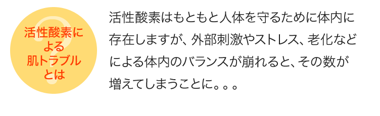 活性酸素による肌トラブルとは 活性酸素はもともと人体を守るために体内に存在しますが、外部刺激やストレス、老化などによる体内のバランスが崩れると、その数が増えてしまうことに。。。